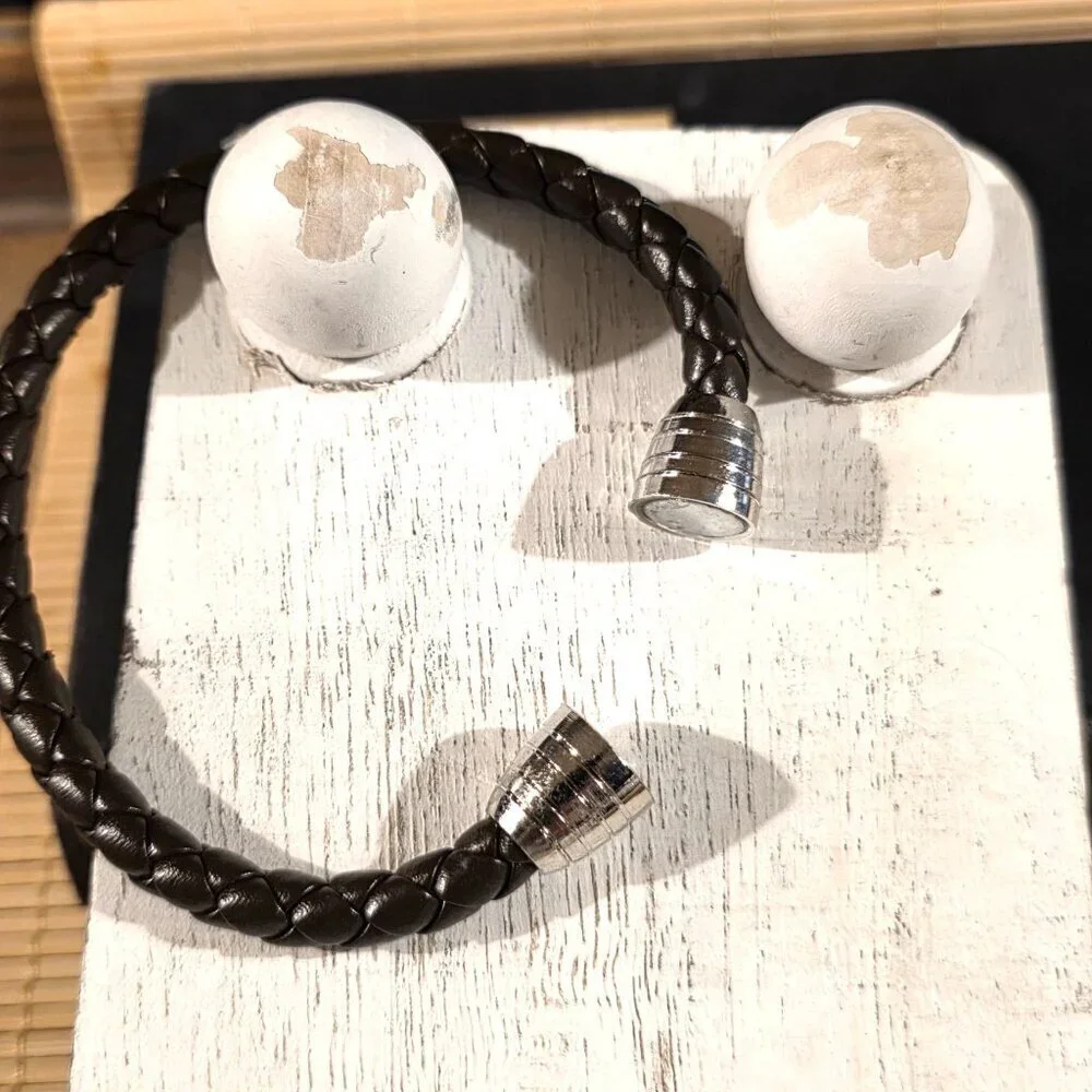 Braided Thick Dark Brown Vegan Leather Magnetic Clasp Bangle Bracelet